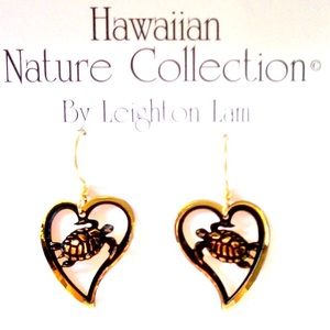 Vintage Leighton Lam Designs Heart Turtle Earrings / 3/4" x 3/4" / 14K GP Brass